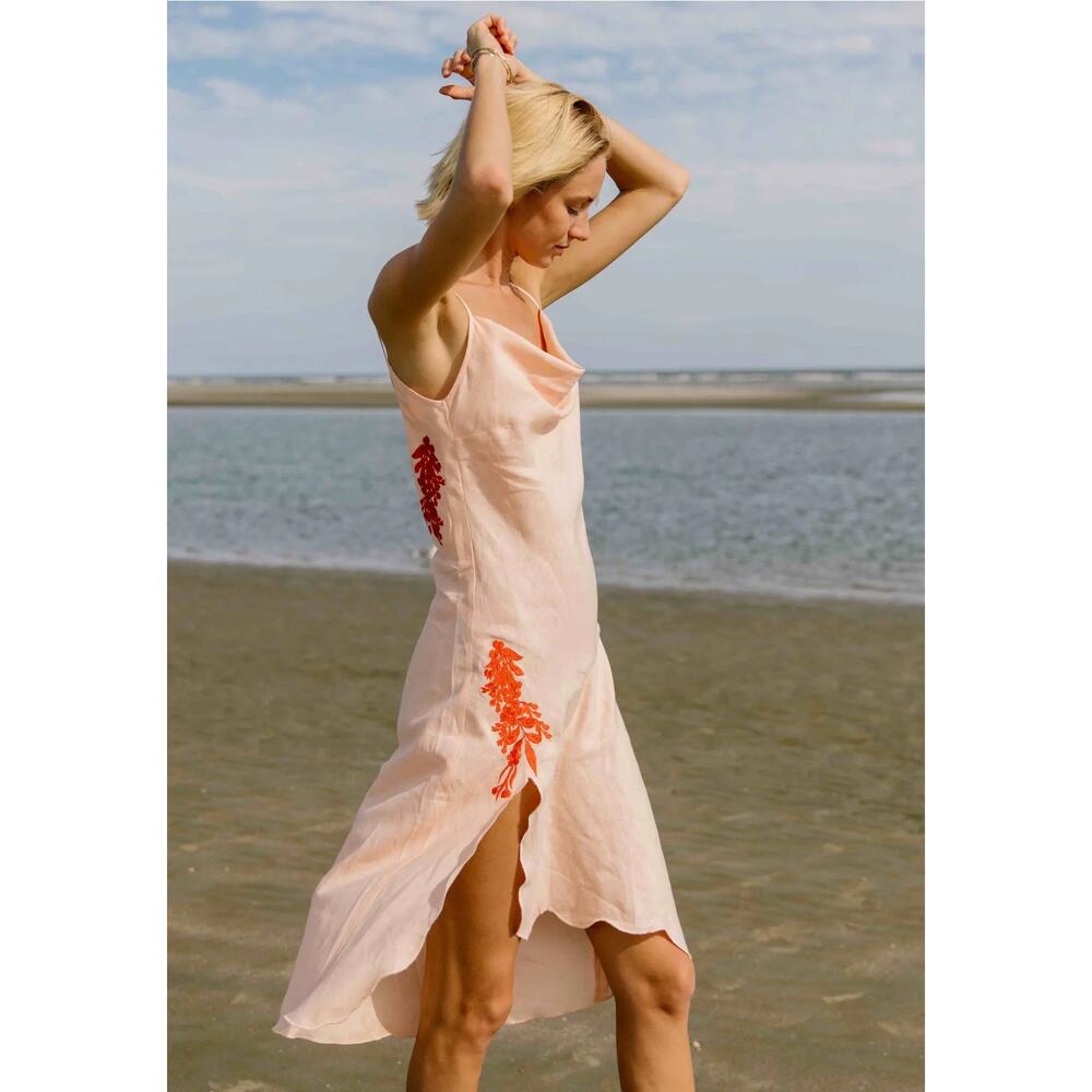 Fanm Mon Fiyet Linen Slip Dress Marassa Collection Peach Pastel Cowl Midi SZ M